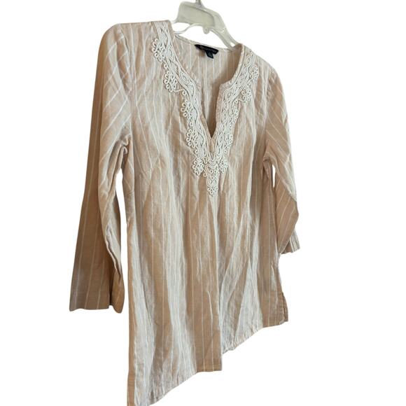 Brooks Brothers Linen Cotton Tunic Embroidered Piping Striped Beige White Small - Picture 3 of 6